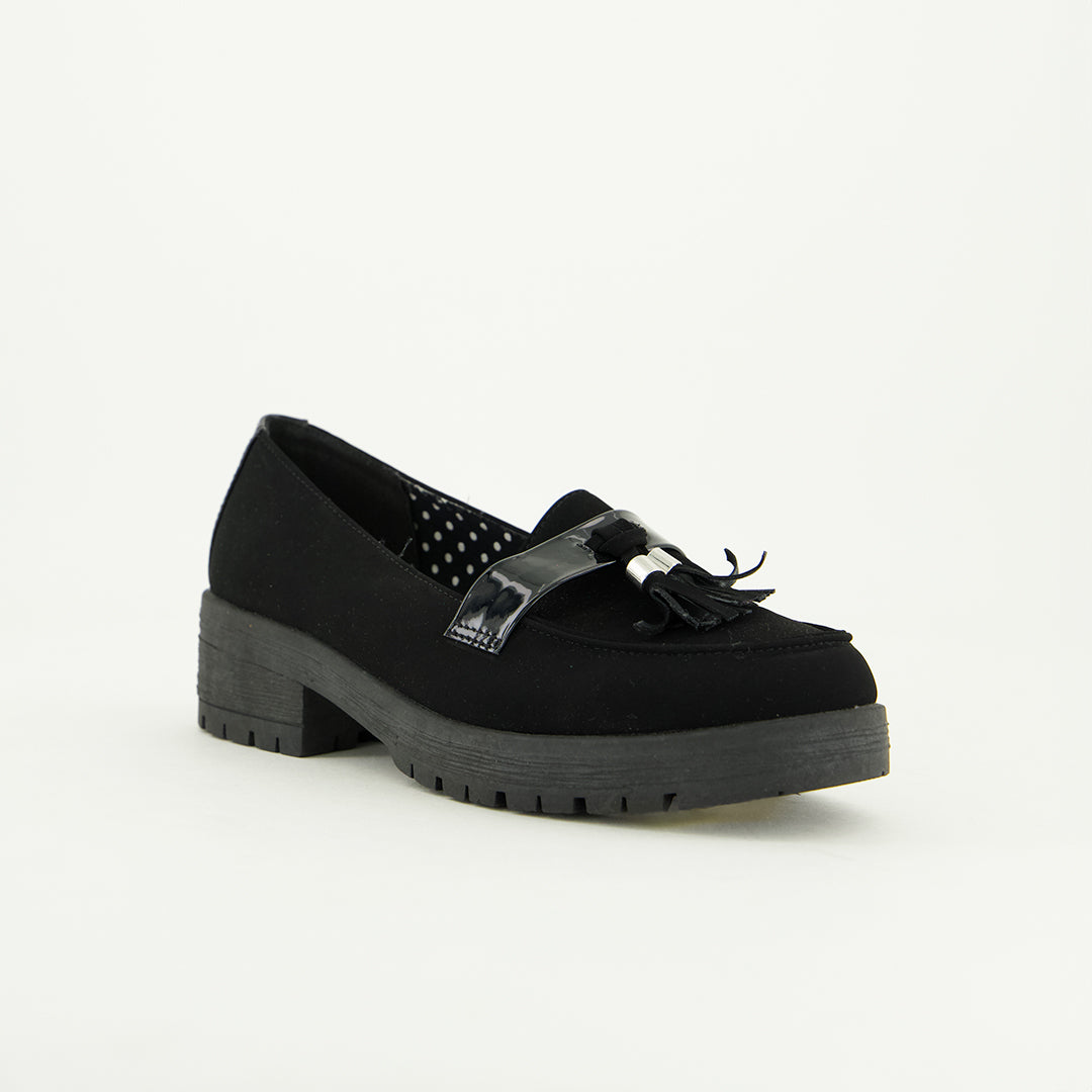Velvet Loafer.Patent Strap.Taseel Detail.