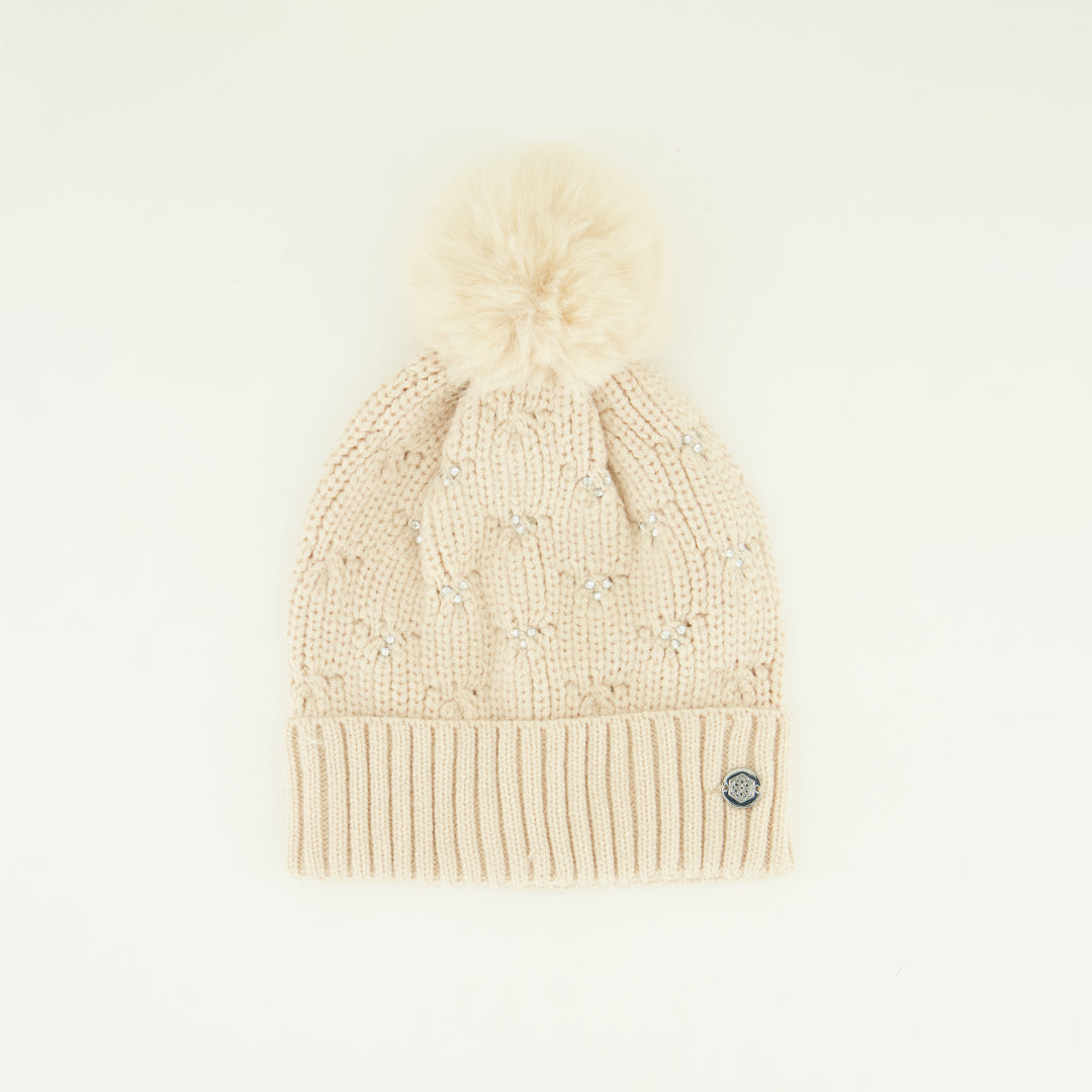 Fancy Knit Beaded Beanie.Pom Pom Detail.