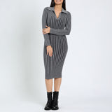 LADIES NOVA FASHION BLACK GREY MEL HENLEY LONG SLEEVE DRESS
