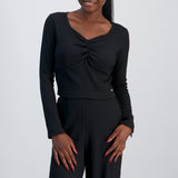 LADIES NOVA FASHION LONG SLEEVE TEXTURED TOP WITH FRONT RUCHING DETAIL
