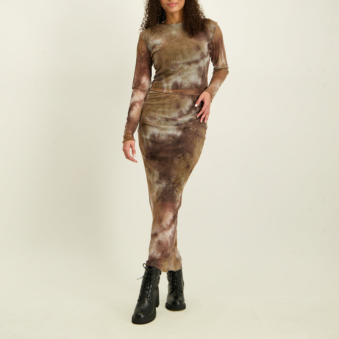 LADIES NOVA FASHION BROWN AND STONE  MESH MAXI LENGTH SKIRT