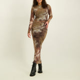 LADIES NOVA FASHION BROWN AND STONE MESH LONG SLEEVE TOP