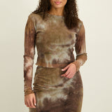 LADIES NOVA FASHION BROWN AND STONE MESH LONG SLEEVE TOP