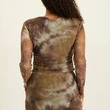 LADIES NOVA FASHION BROWN AND STONE MESH LONG SLEEVE TOP