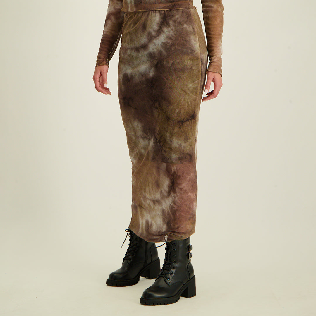 LADIES NOVA FASHION BROWN AND STONE  MESH MAXI LENGTH SKIRT