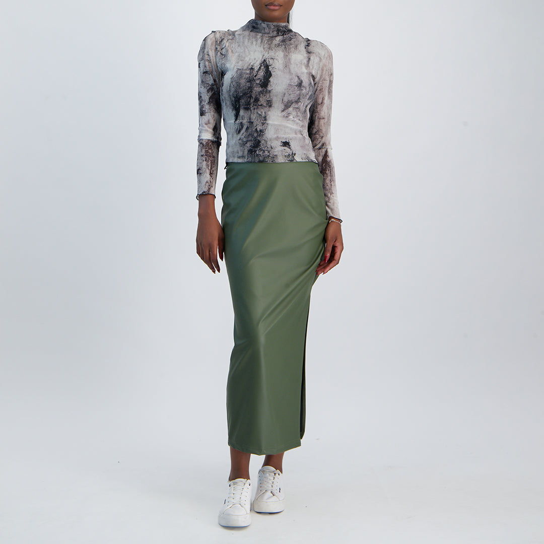 LADIES NOVA FASHION MAXI PU SKIRT WITH RUCHING AND SIDE SLIT