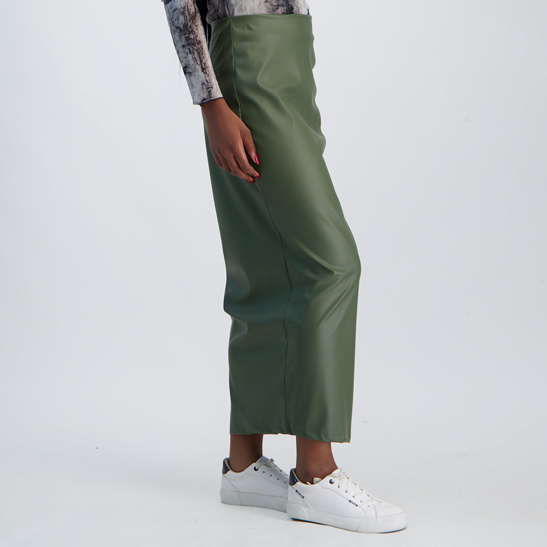 LADIES NOVA FASHION MAXI PU SKIRT WITH RUCHING AND SIDE SLIT