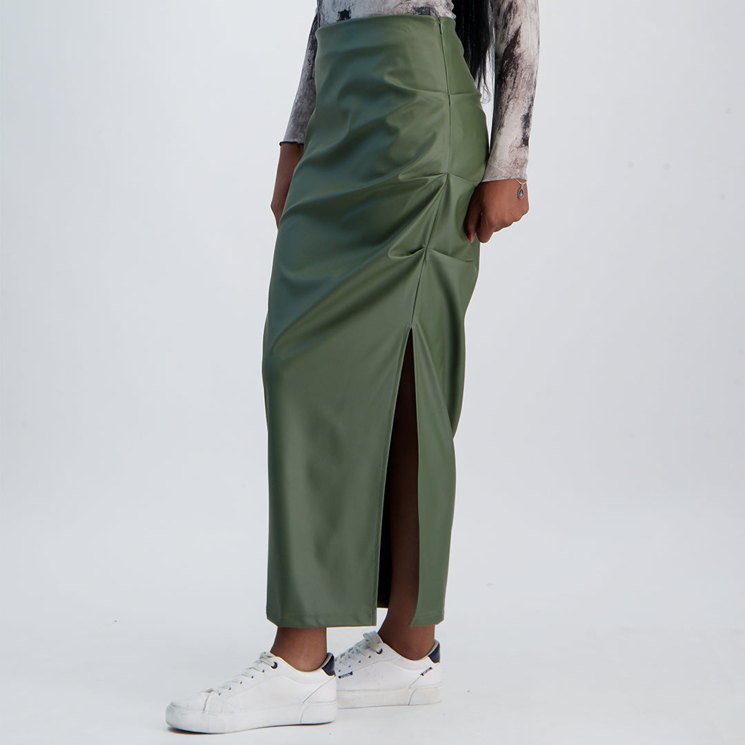 LADIES NOVA FASHION MAXI PU SKIRT WITH RUCHING AND SIDE SLIT