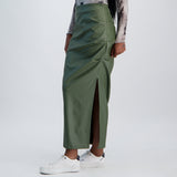 LADIES NOVA FASHION MAXI PU SKIRT WITH RUCHING AND SIDE SLIT