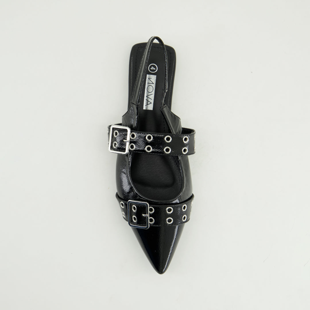 Patent Flat Slingback Shoe.Double Buckle Detail.
