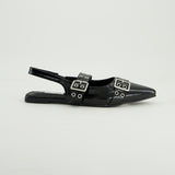 Patent Flat Slingback Shoe.Double Buckle Detail.