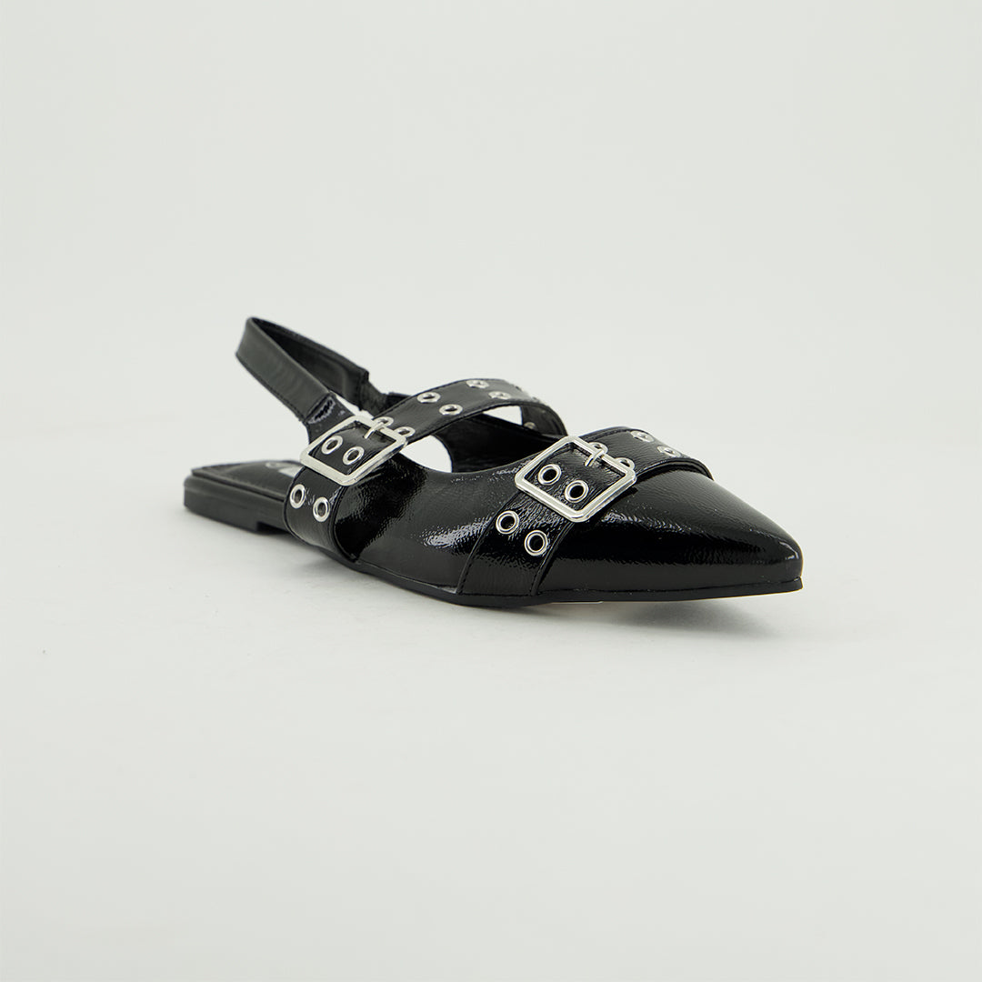 Patent Flat Slingback Shoe.Double Buckle Detail.