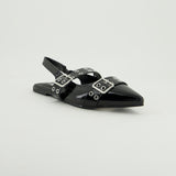 Patent Flat Slingback Shoe.Double Buckle Detail.