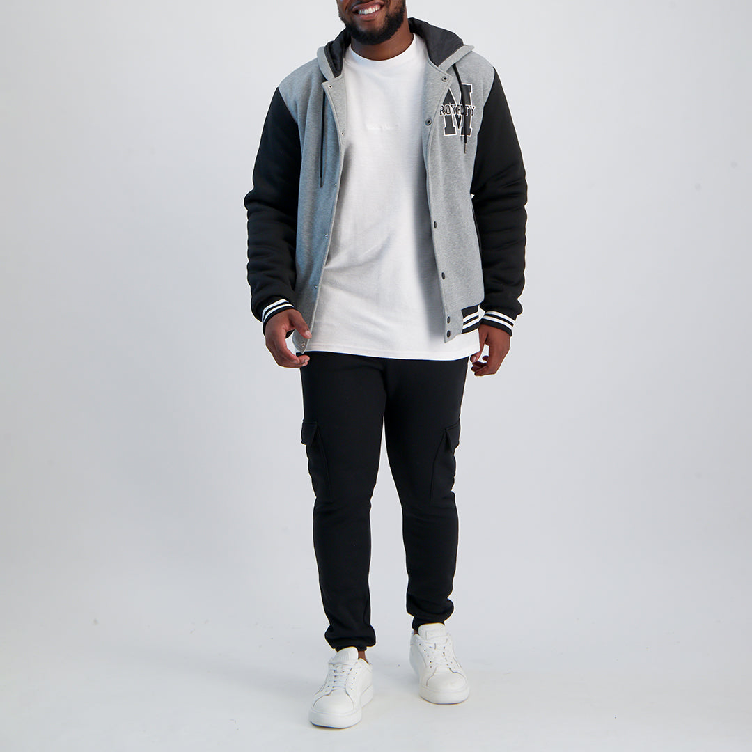 MENS MODA GREY FLEECE VARSITY HOODED JACKET