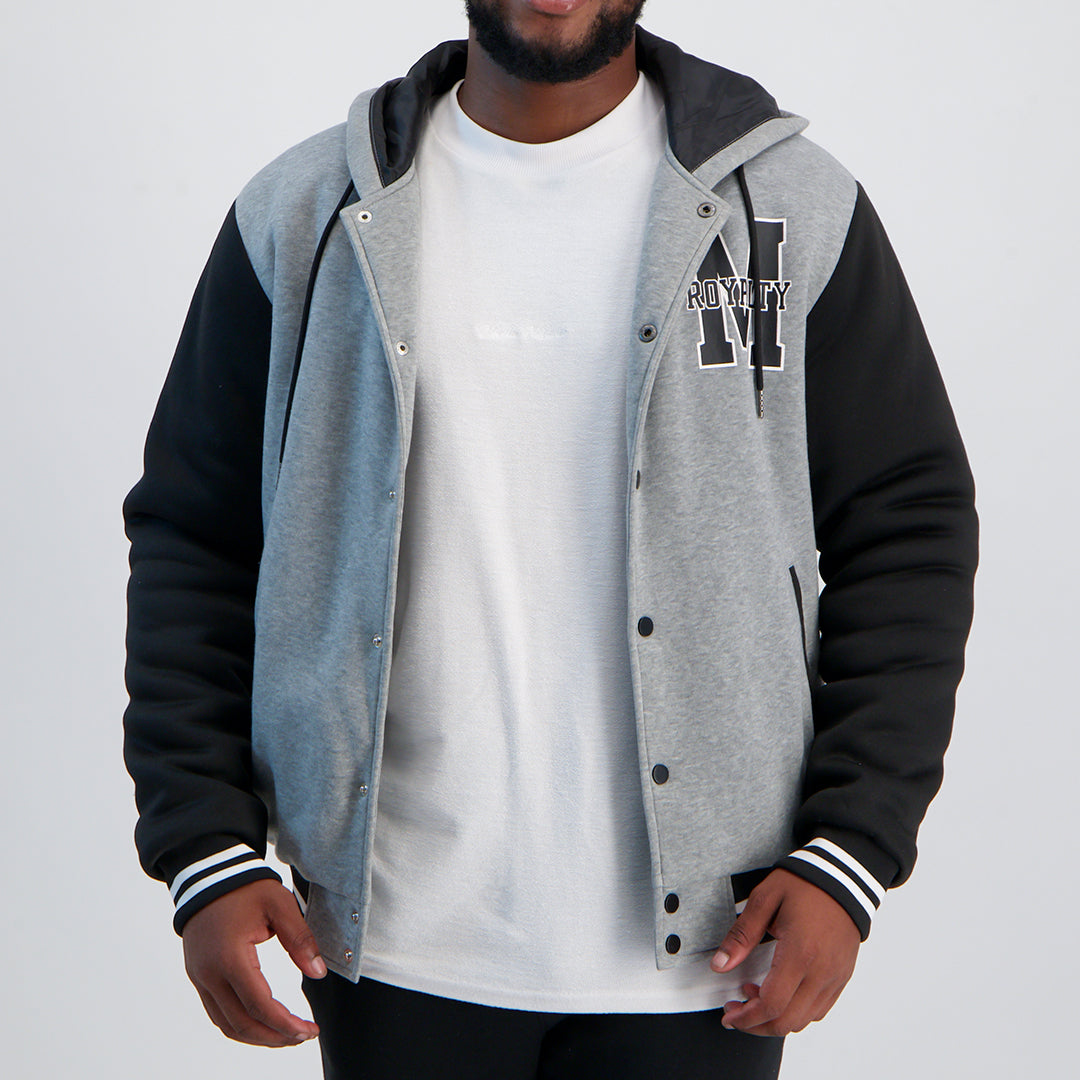 MENS MODA GREY FLEECE VARSITY HOODED JACKET