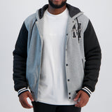MENS MODA GREY FLEECE VARSITY HOODED JACKET