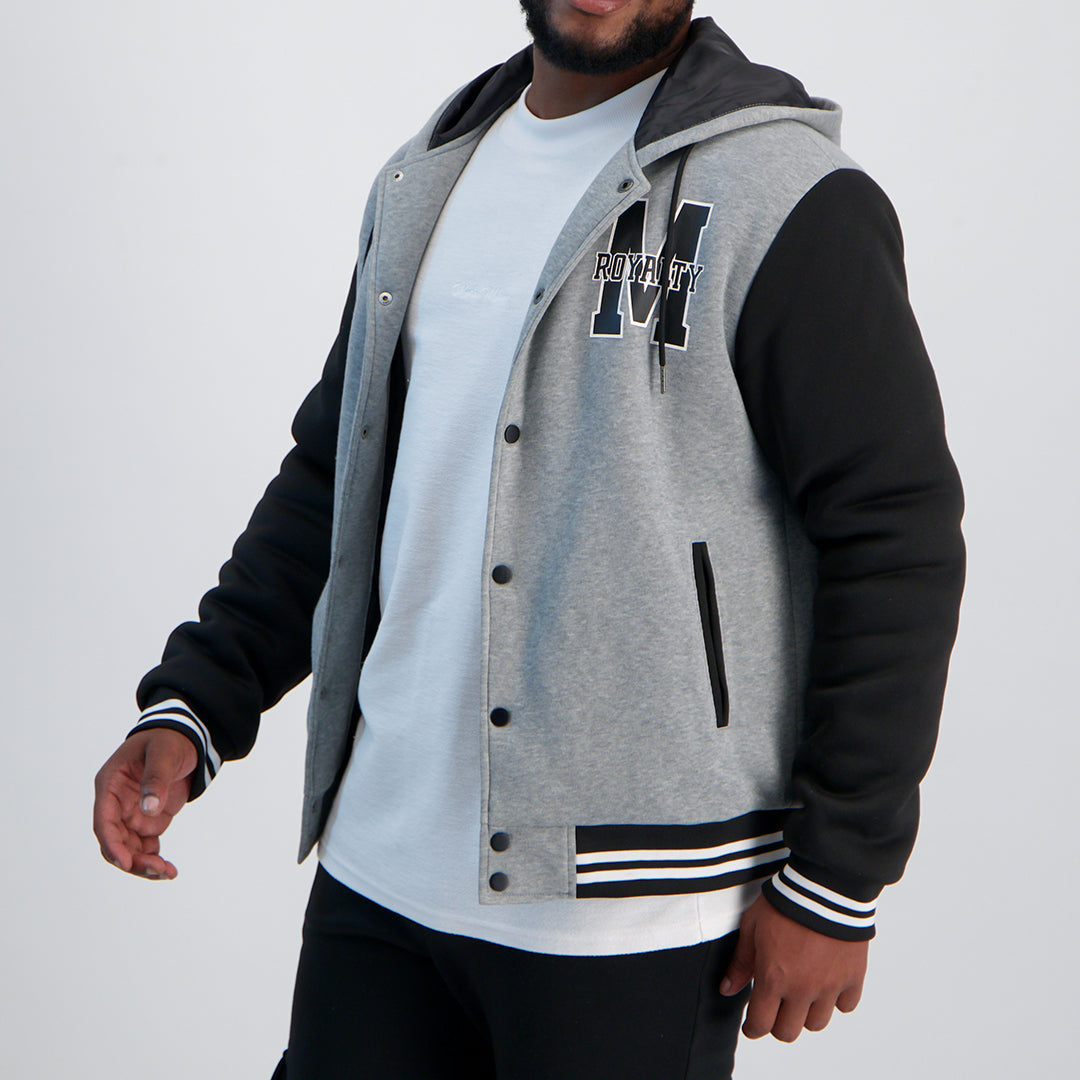 MENS MODA GREY FLEECE VARSITY HOODED JACKET