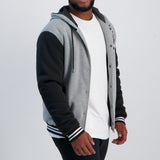 MENS MODA GREY FLEECE VARSITY HOODED JACKET
