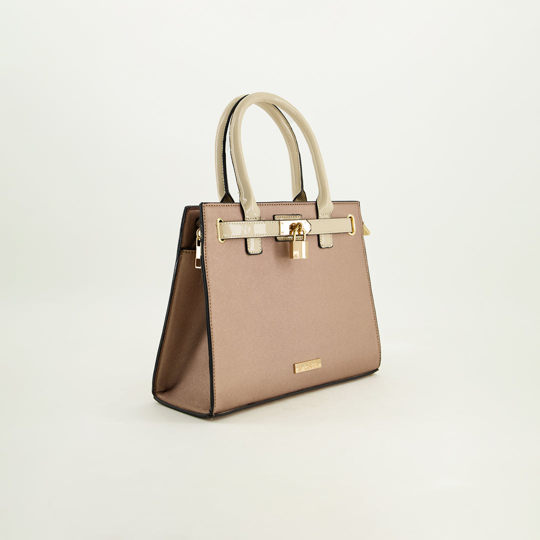 Crosshatch Handbag.Beige Patent Belt Detail.