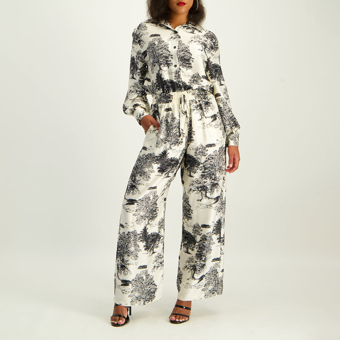 LADIES CIARRA CRM/BLK PRINTED BUTTON FRONT SATIN SHIRT