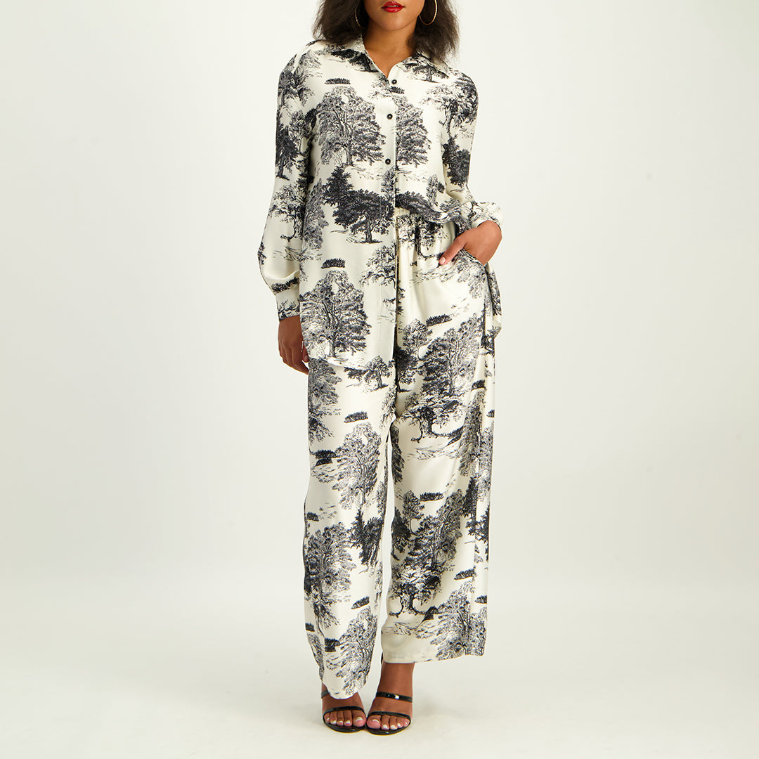 LADIES CIARRA CRM/BLK PRINTED BUTTON FRONT SATIN SHIRT