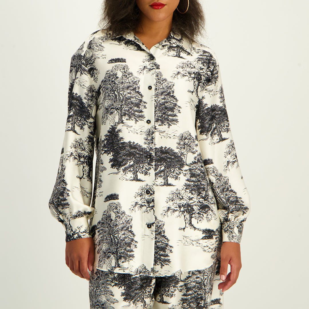 LADIES CIARRA CRM/BLK PRINTED BUTTON FRONT SATIN SHIRT