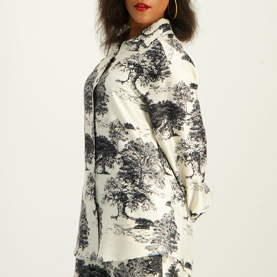 LADIES CIARRA CRM/BLK PRINTED BUTTON FRONT SATIN SHIRT