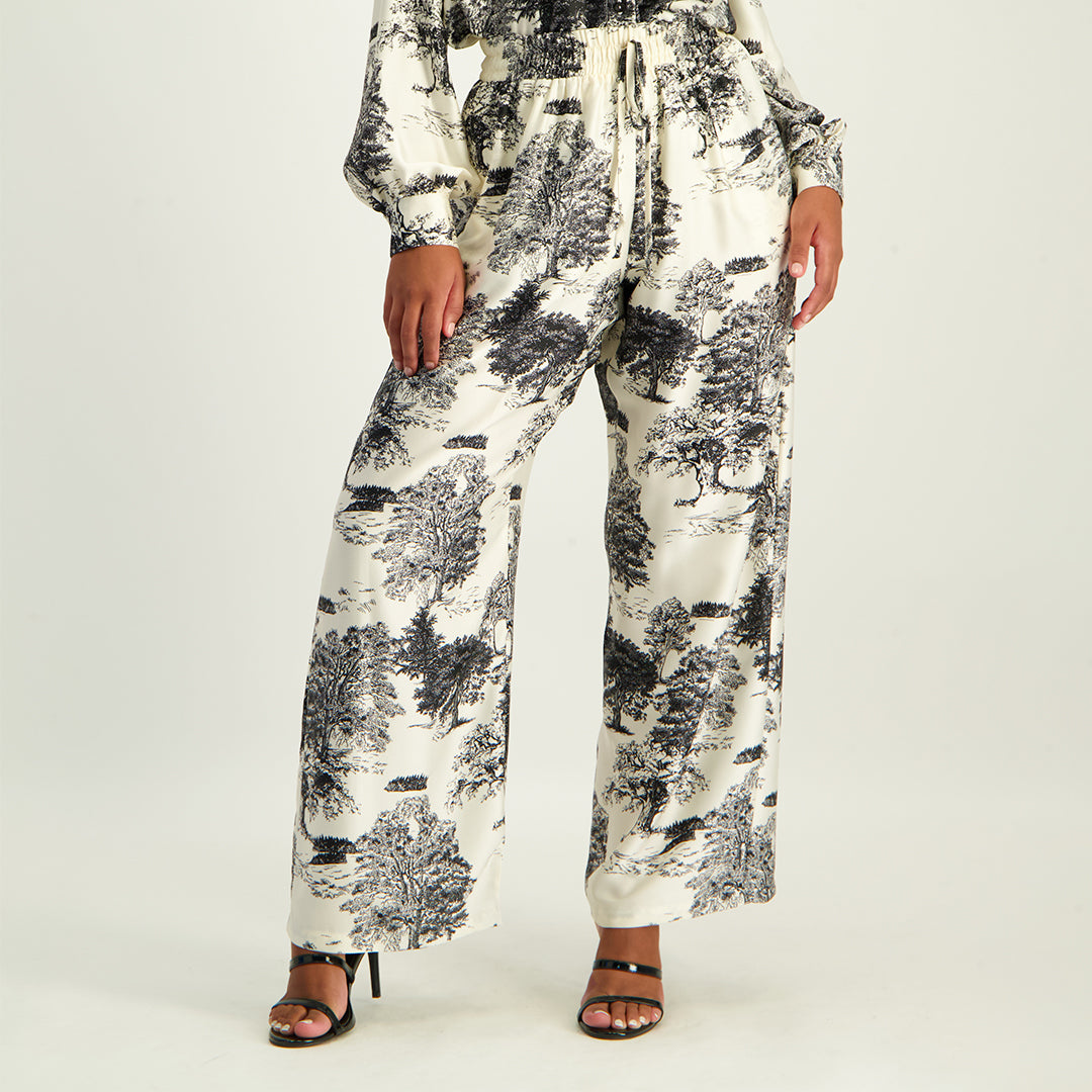 LADIES CIARRA CRM/BLK PRINTED WIDE LEG PANTS