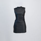 LADIES NOVA FASHION BLACK PU SLEEVE DRESS WITH RUCHING