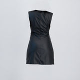 LADIES NOVA FASHION BLACK PU SLEEVE DRESS WITH RUCHING