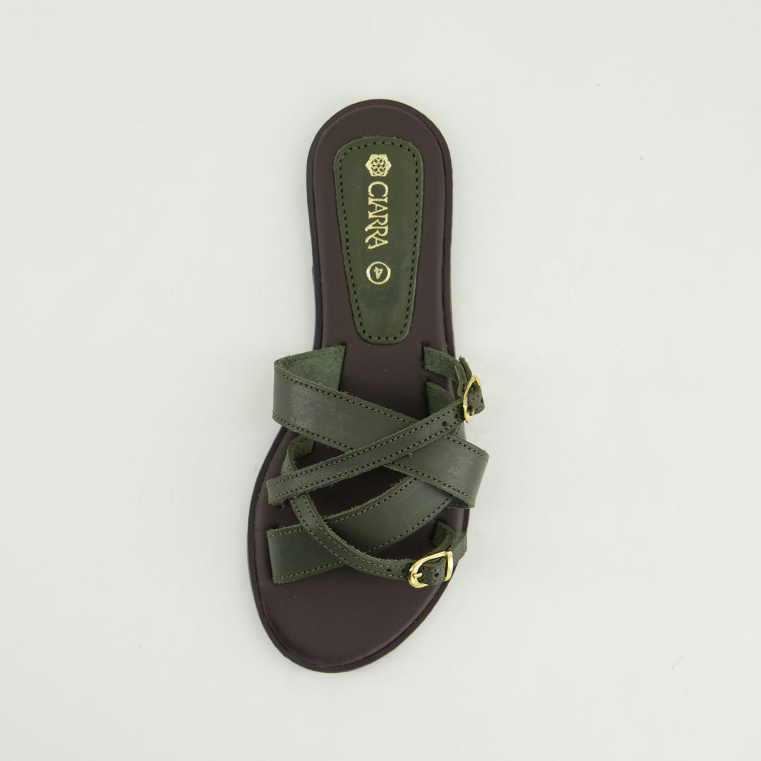 Criss Cross Double Buckle Push In Leather Sandal.