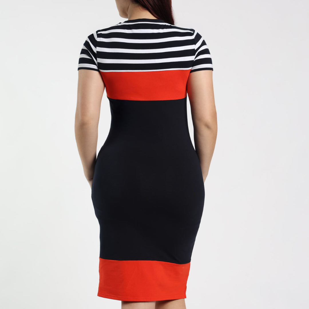 LADIES CIARRA ORANGE/NAVY STRIPE DRESS