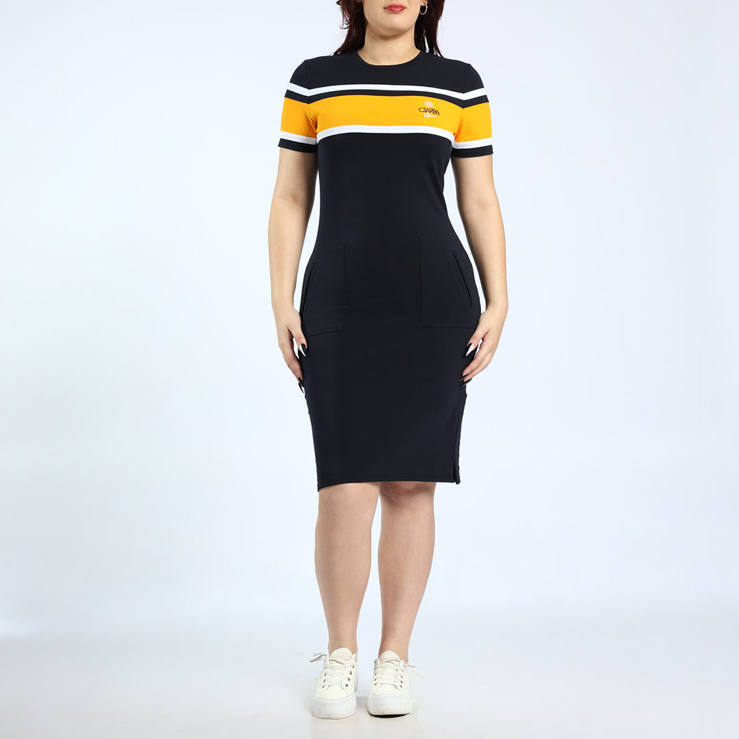 LADIES CIARRA NAVY/OCHRE DRESS