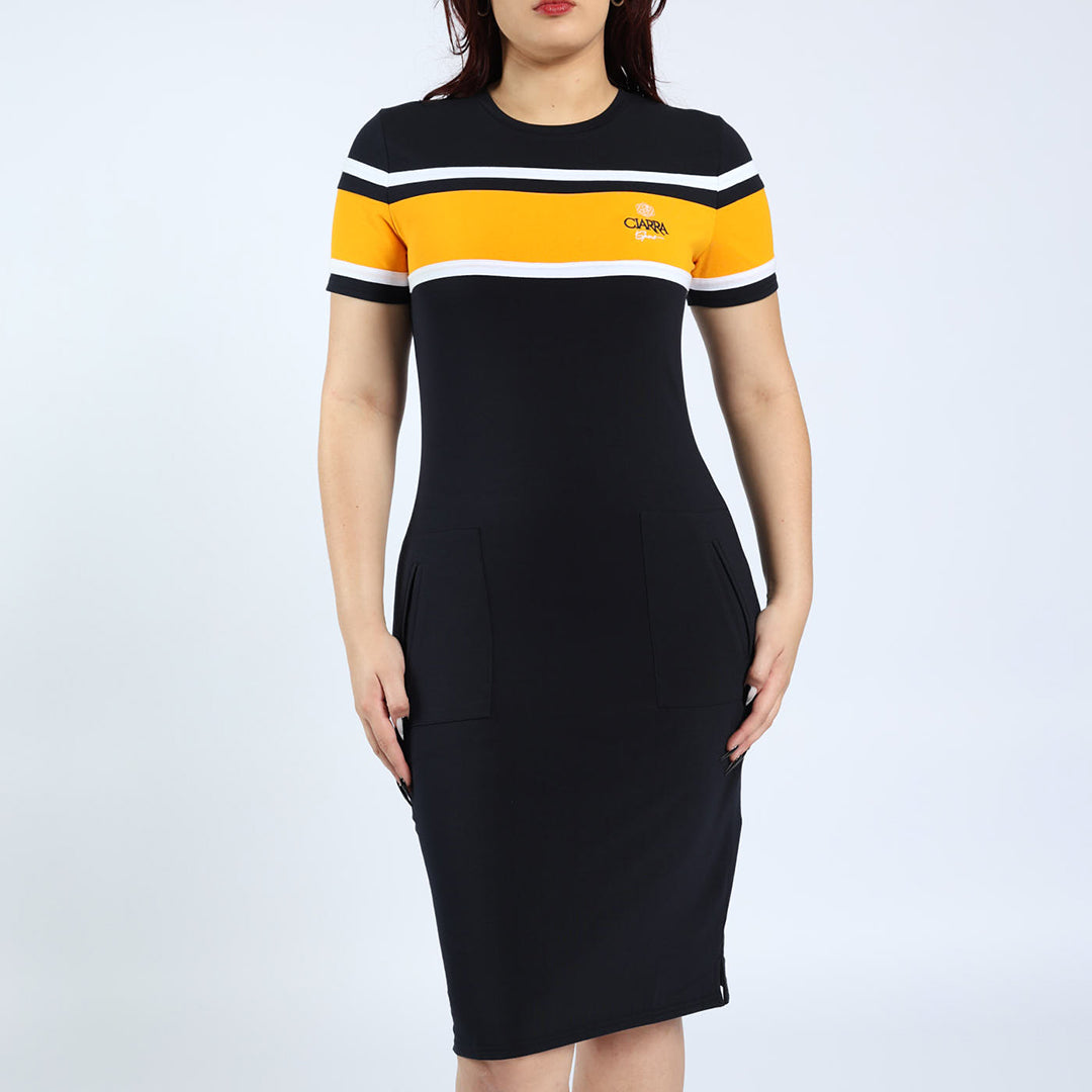 LADIES CIARRA NAVY/OCHRE DRESS