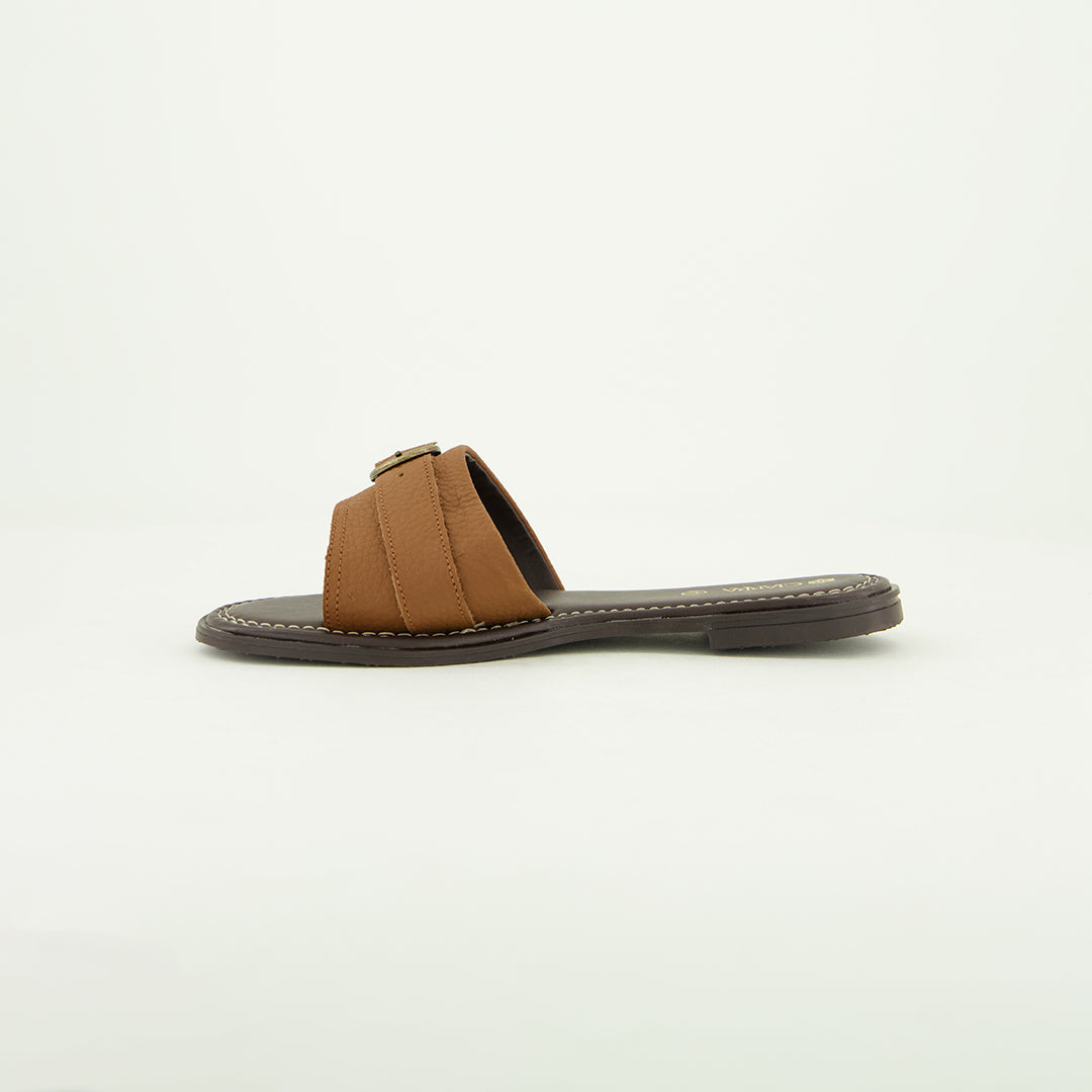 Pebble Leather Push In Sandal.Antique Brass Buckle.
