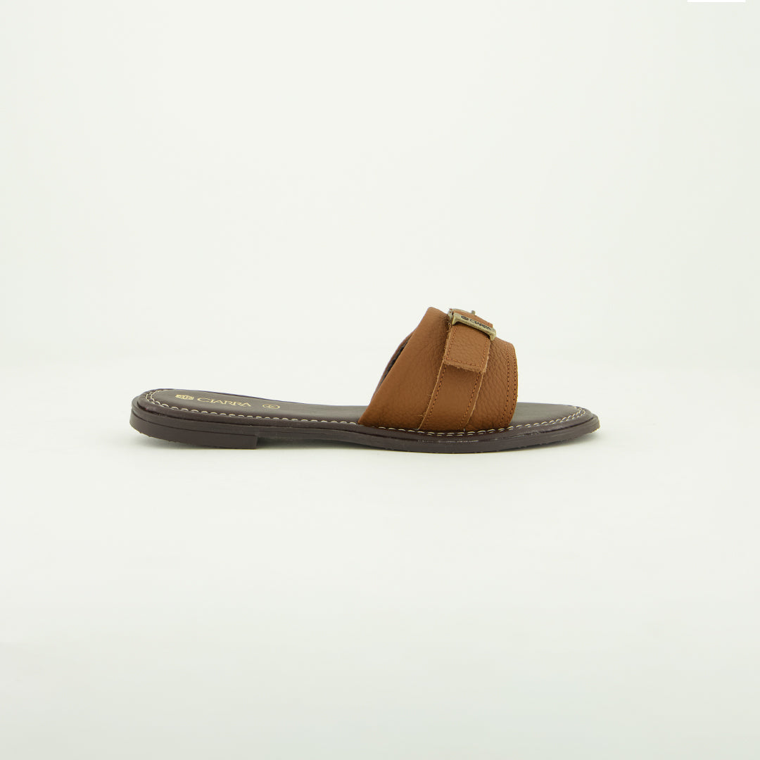 Pebble Leather Push In Sandal.Antique Brass Buckle.