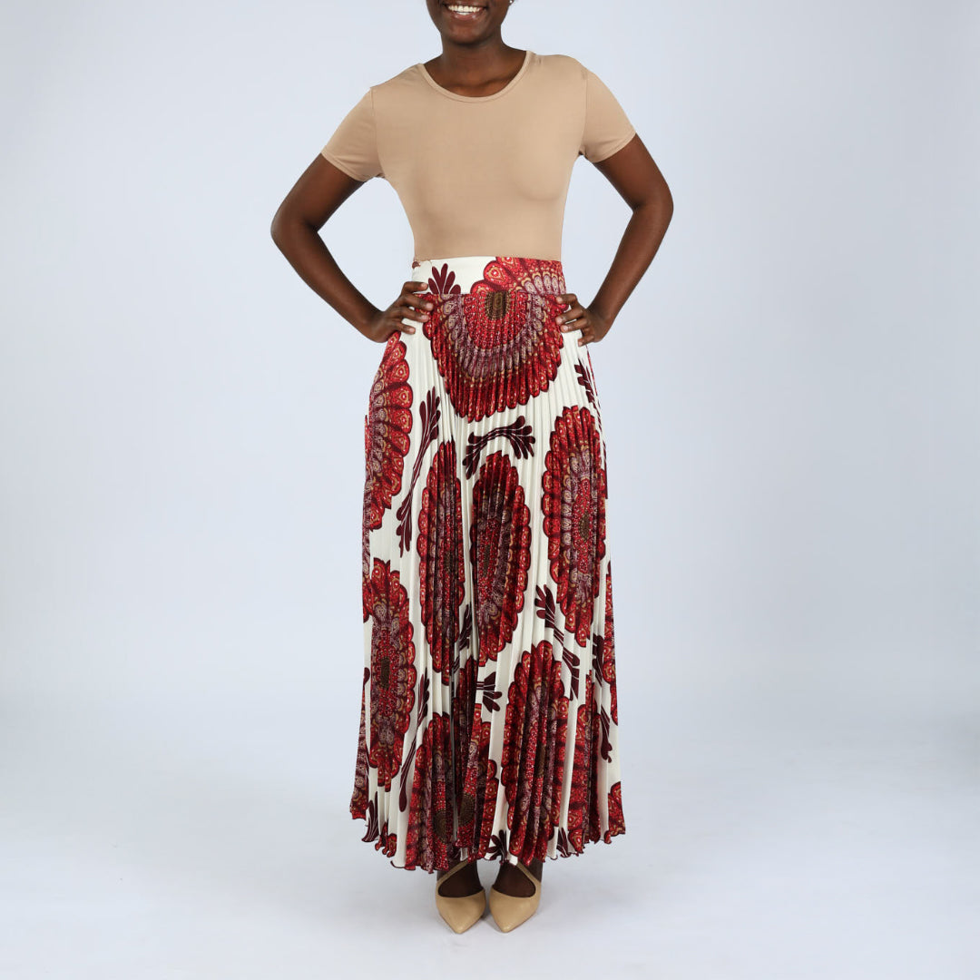 LADIES CIARRA RED/CHOC PRINTED SKIRT