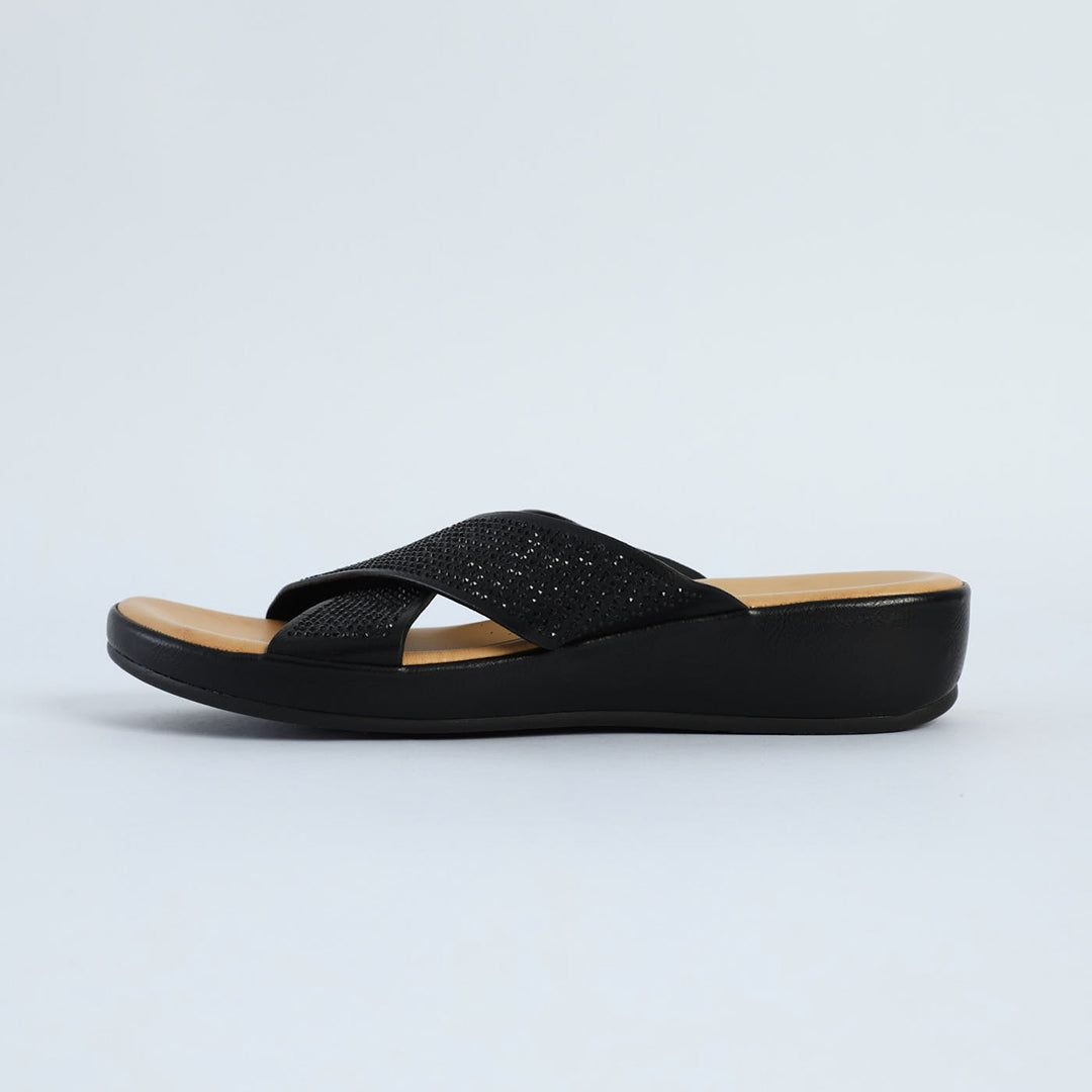 Comfort Push In Sandal.Black Diamante