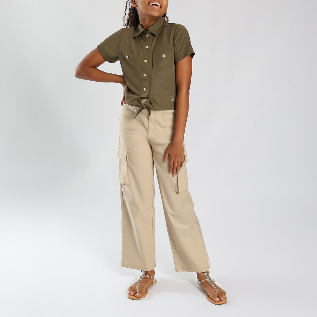 Girls Olive Tie Up Shirt