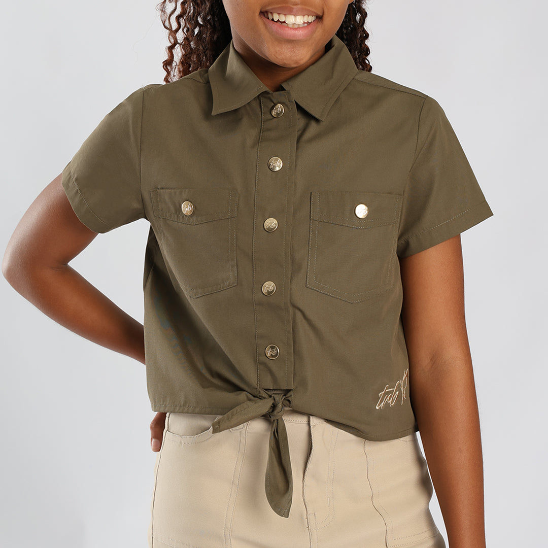 Girls Olive Tie Up Shirt