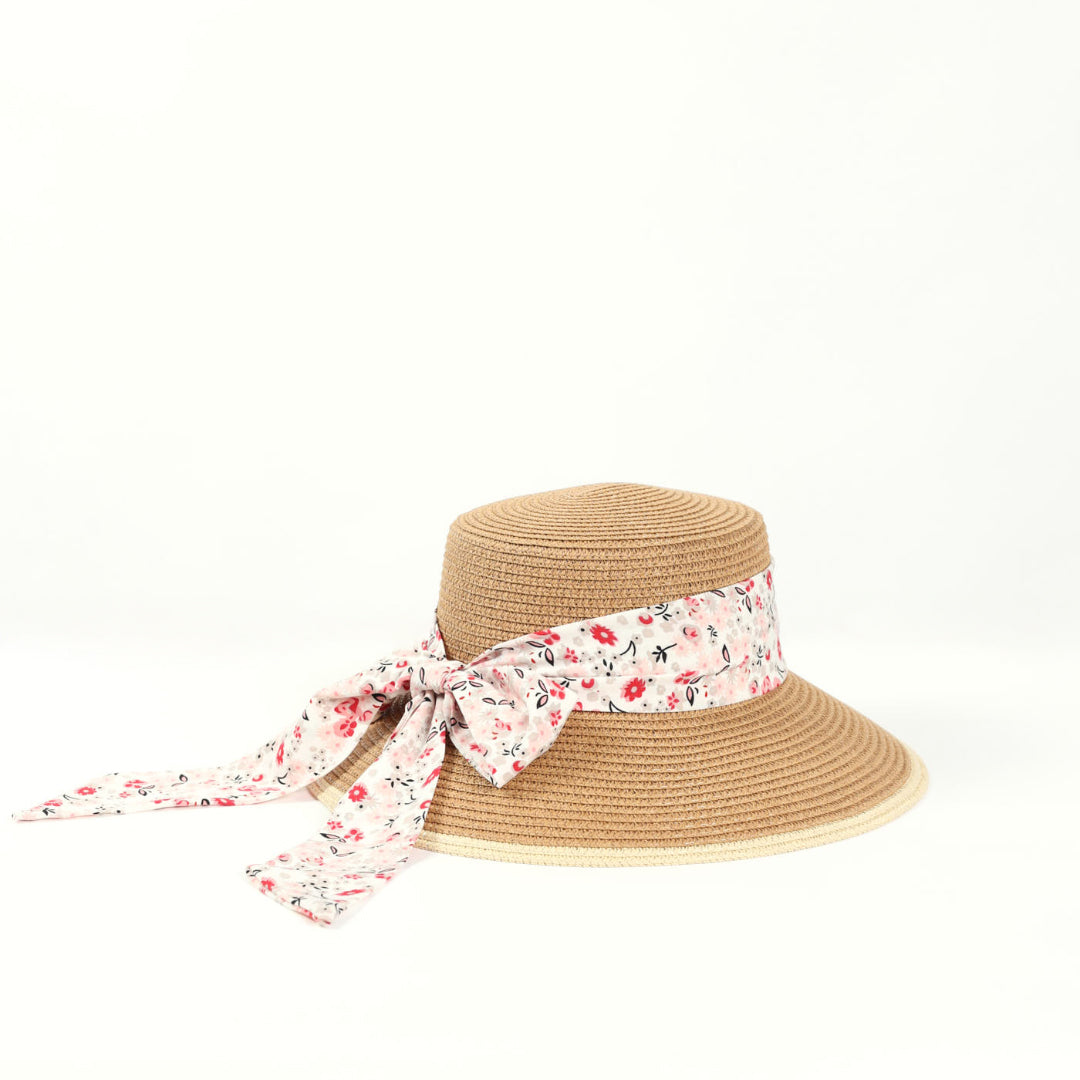 Floral Bow Tie Downturn Straw Sun Hat.