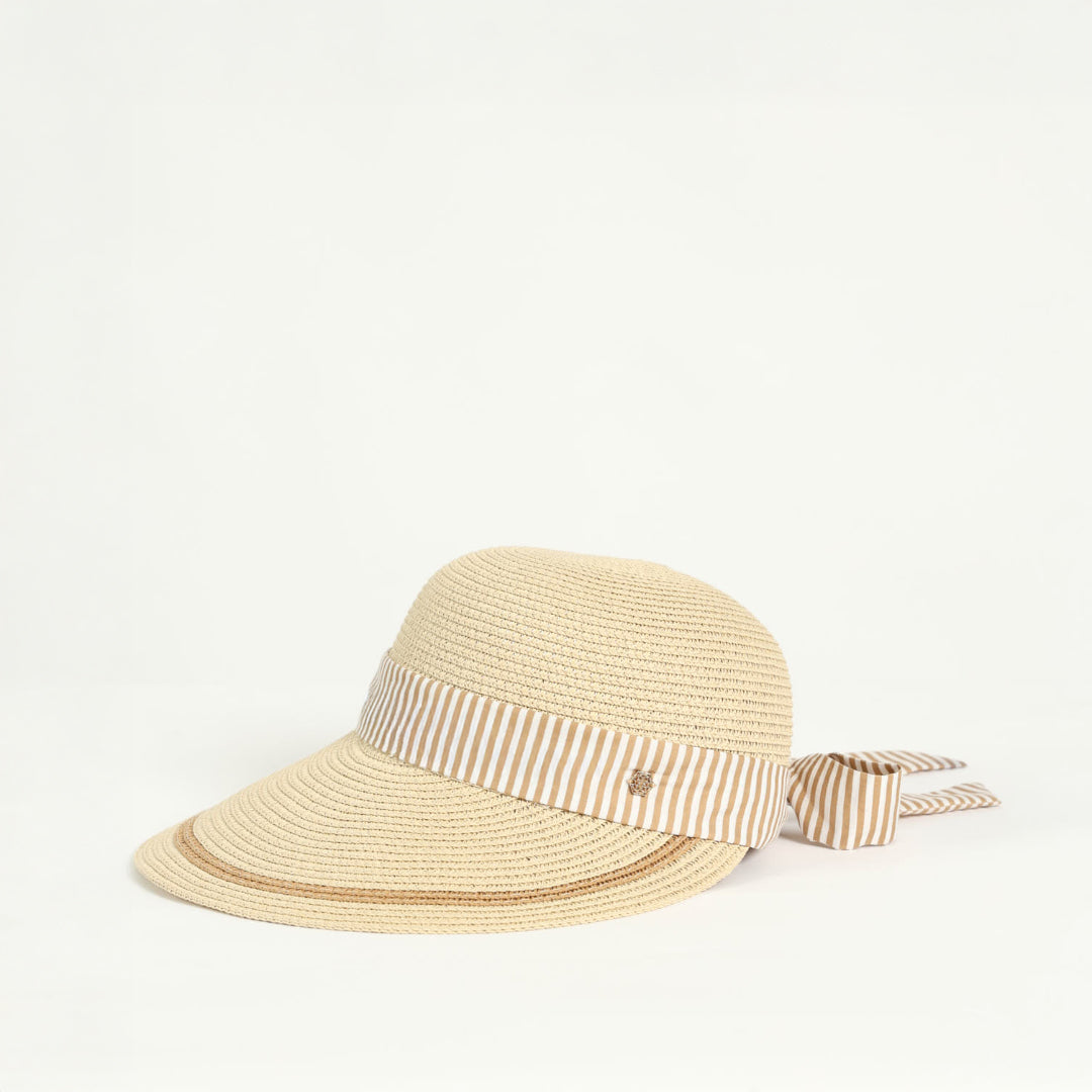 Wide Brim Visor Straw Sun Hat.Fabric Tie Up.