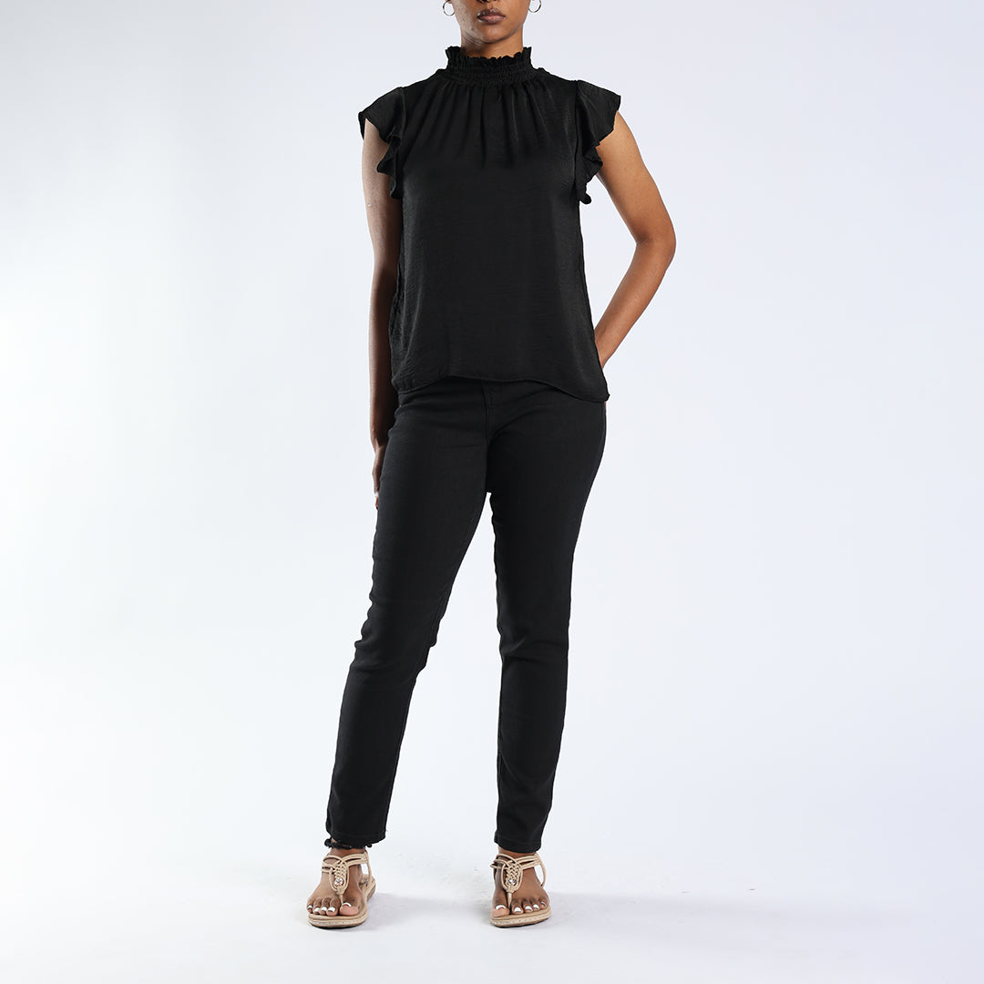 Ladies Black Flutter Sleeve Top