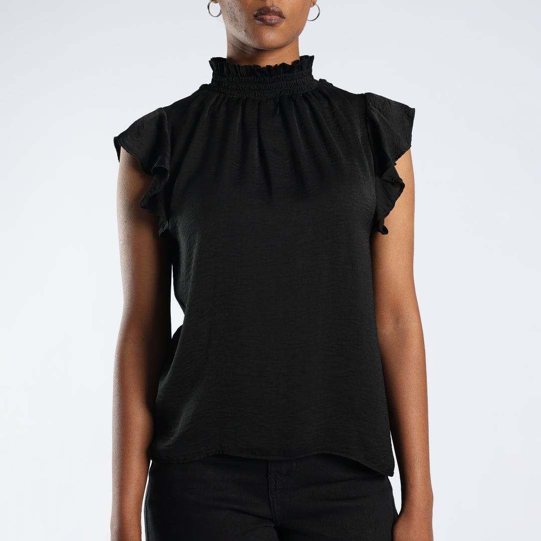 Ladies Black Flutter Sleeve Top