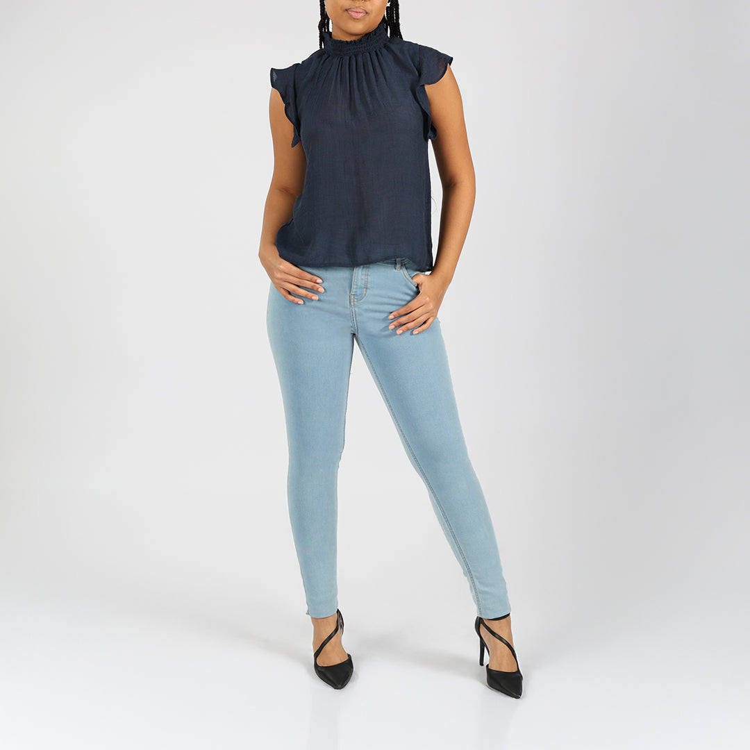 Ladies Navy Flutter Sleeve Top