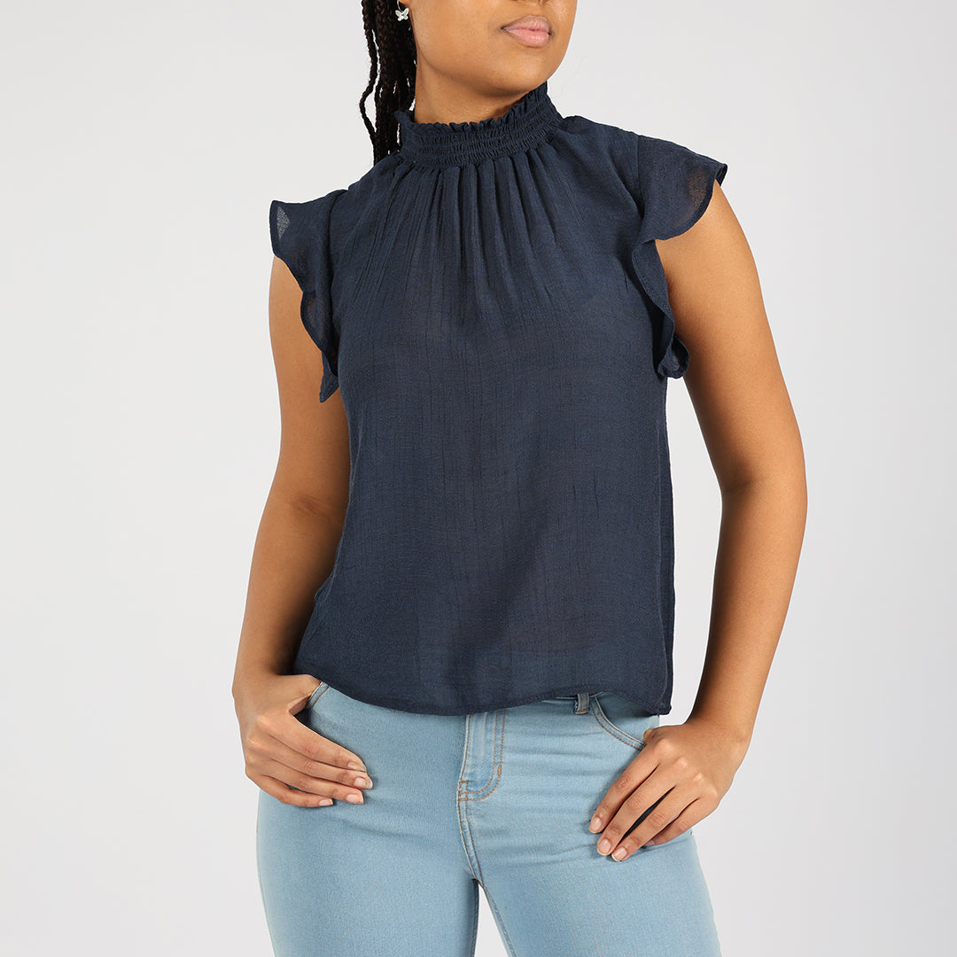 Ladies Navy Flutter Sleeve Top