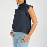 Ladies Navy Flutter Sleeve Top
