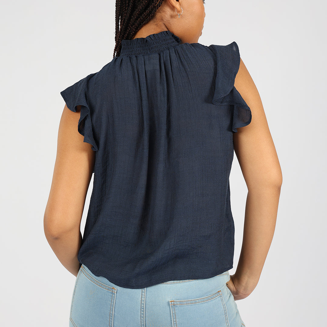 Ladies Navy Flutter Sleeve Top