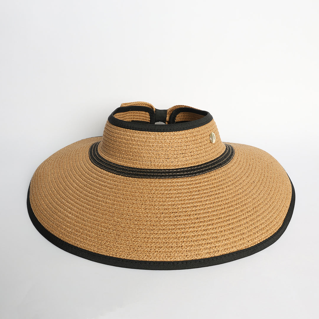 Visor Straw Sun Hat.Black Stripe.Elastic Tie Up Detail.