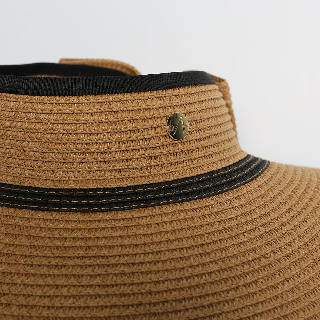 Visor Straw Sun Hat.Black Stripe.Elastic Tie Up Detail.